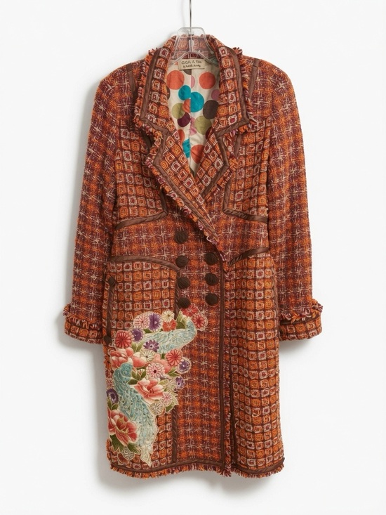Cedella Marley Jackets & Blazers - Embroidered Orange Tweed Trench Coat with Floral Detail
